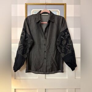 Zara Charcoal Shirt with Embroidered Sleeves Size Small